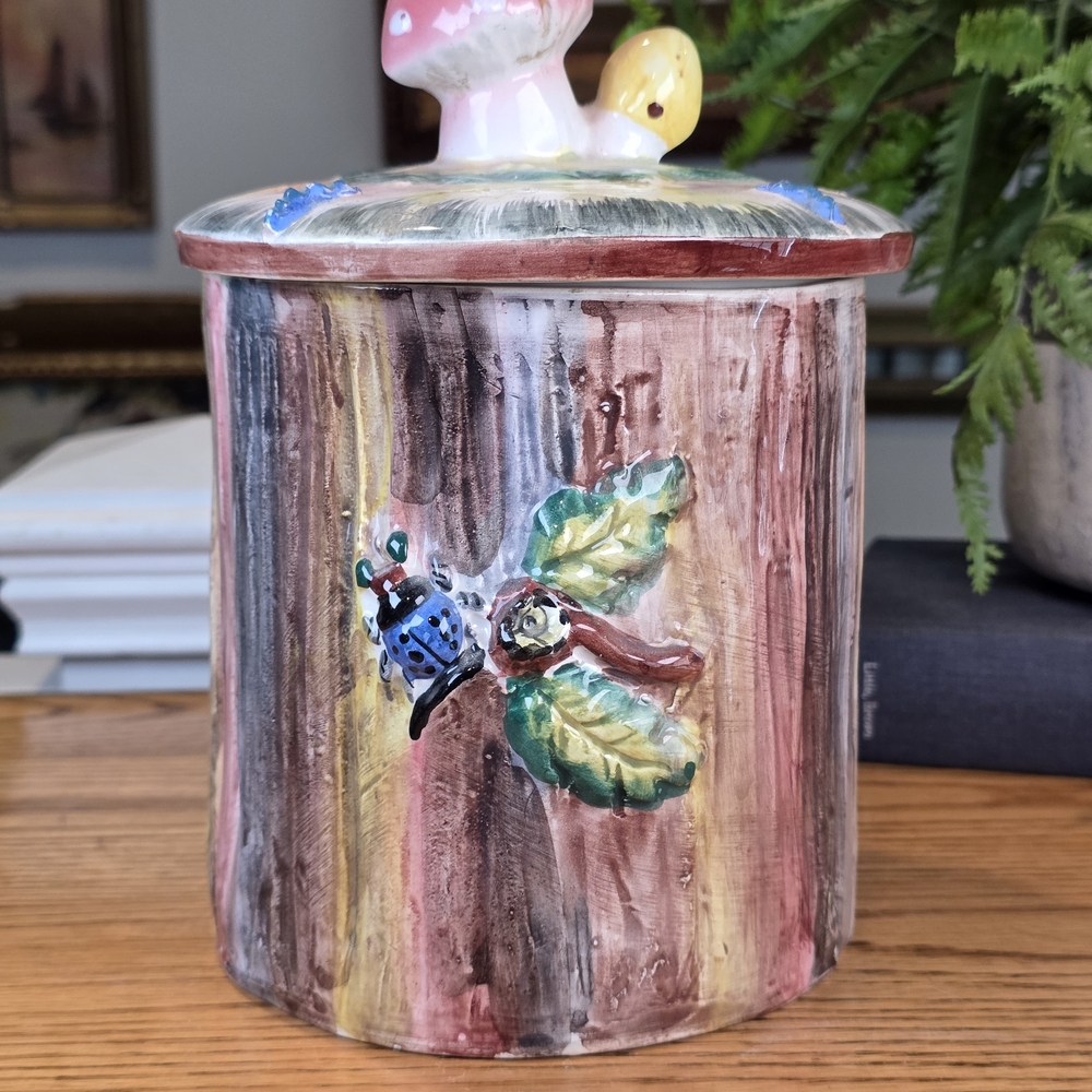 Vintage Cookie House Jar Mushroom Lid Blue Birds Kitsch Metlox Poppytrail - Picture 8 of 16